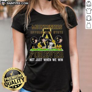 Alt Text: Cute Peanuts Appalachian State Mountaineers Forever tee for ladies, perfect for fans celebrating team spirit and victories.
