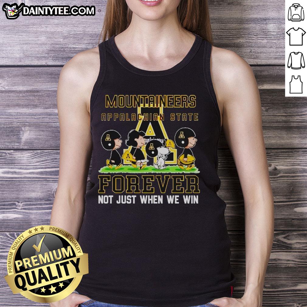 Alt Text: Cute Peanuts Appalachian State Mountaineers tank top with Forever Not Just When We Win slogan, perfect for fans.
