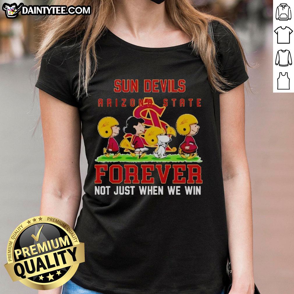 Adorable Arizona State Sun Devils ladies tee featuring 'Forever, Not Just When We Win' slogan and cute peanut graphics.