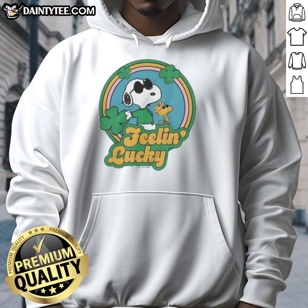 Alt Text: Cute Peanuts Shamrock Feeling Lucky Hoodie featuring Charlie Brown and friends in festive St. Patrick's Day design.