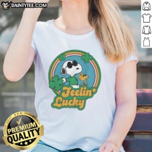 Alt Text: Cute Peanuts Shamrock Feeling Lucky Ladies Tee featuring playful design and vibrant colors for St. Patrick's Day.