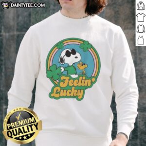 Cute Peanuts Shamrock Feeling Lucky Sweatshirt featuring Charlie Brown and friends celebrating St. Patrick's Day.