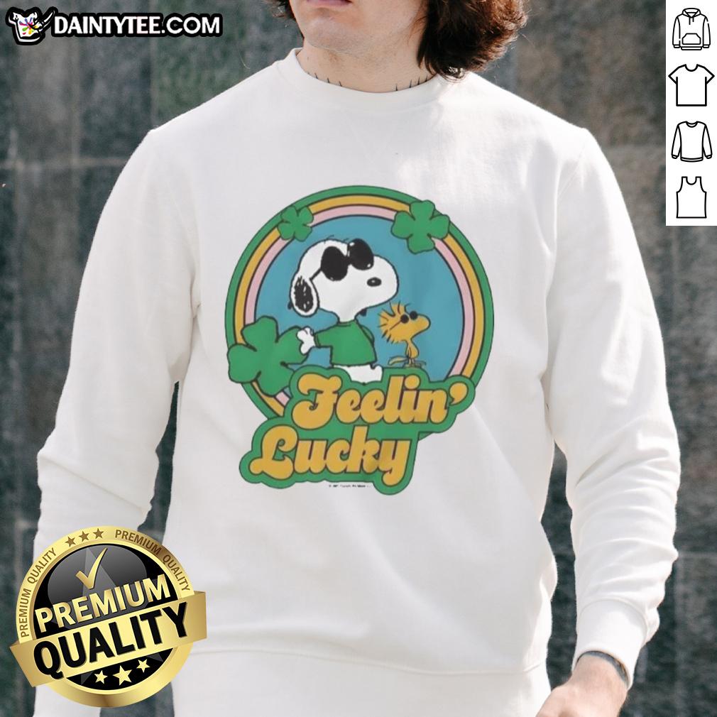 Cute Peanuts Shamrock Feeling Lucky Sweatshirt featuring Charlie Brown and friends celebrating St. Patrick's Day.