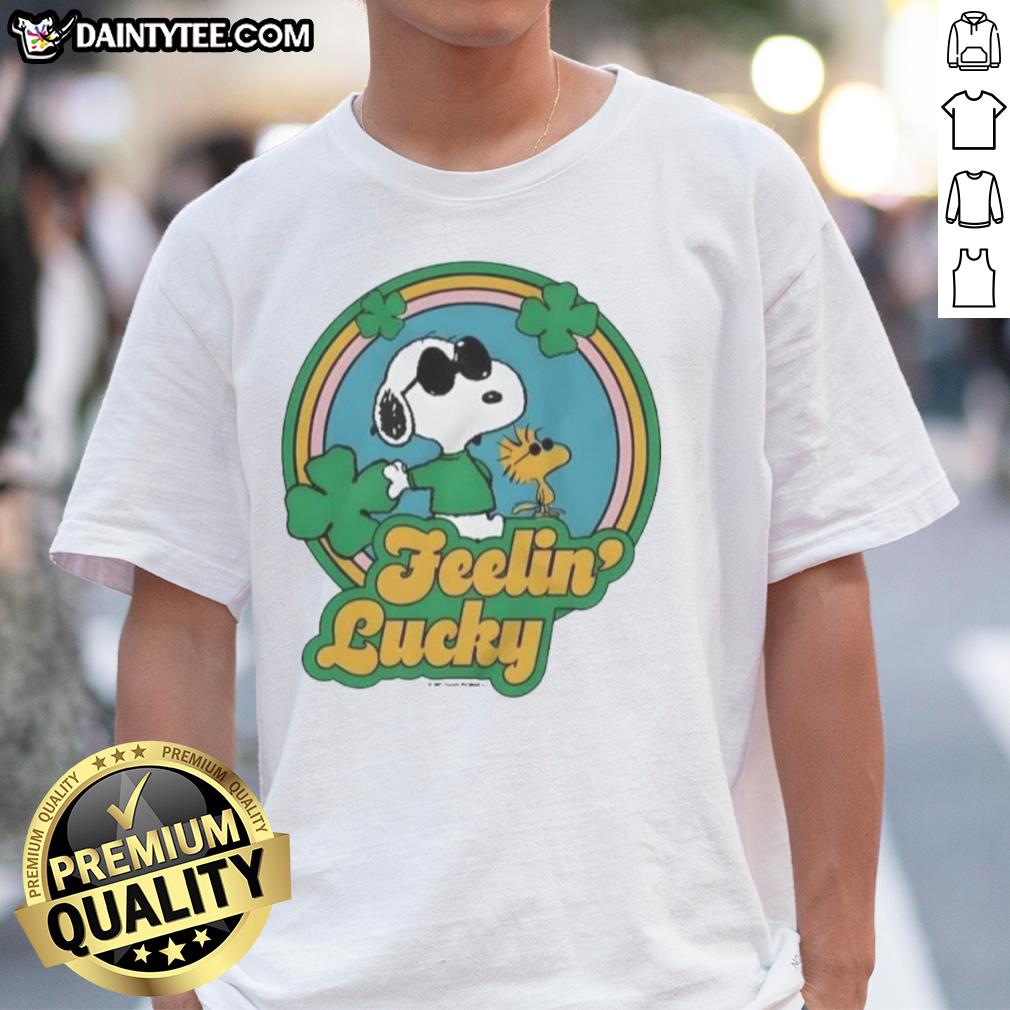 Alt Text: Cute Peanuts Shamrock Feeling Lucky T-Shirt featuring Charlie Brown and friends in festive St. Patrick's Day design.