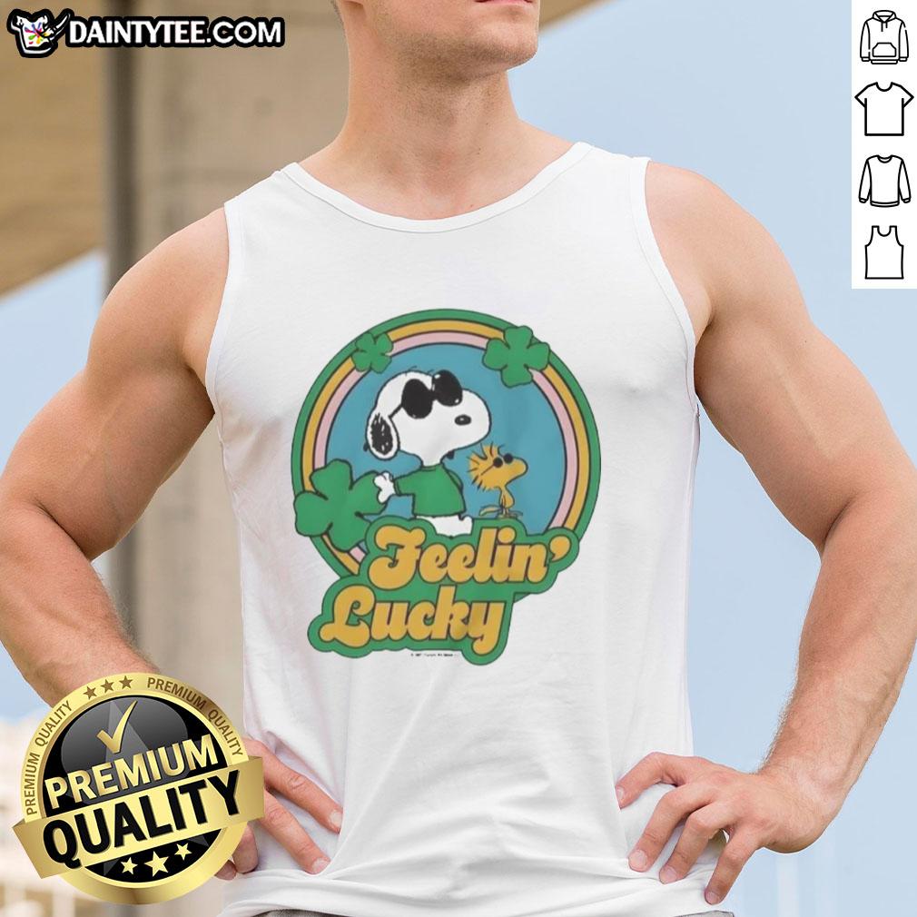 Cute Peanuts shamrock 'Feeling Lucky' tank top featuring Charlie Brown and friends in festive green design.