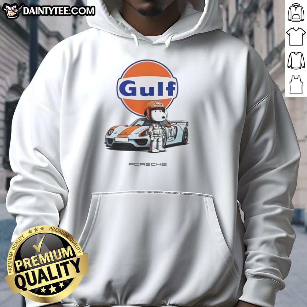 Cute Snoopy Gulf Porsche hoodie featuring a playful Snoopy graphic on a stylish hoodie, perfect for car enthusiasts.