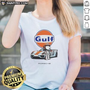 Cute Snoopy Gulf Porsche ladies tee featuring colorful graphics of Snoopy and Porsche logo on a stylish t-shirt.