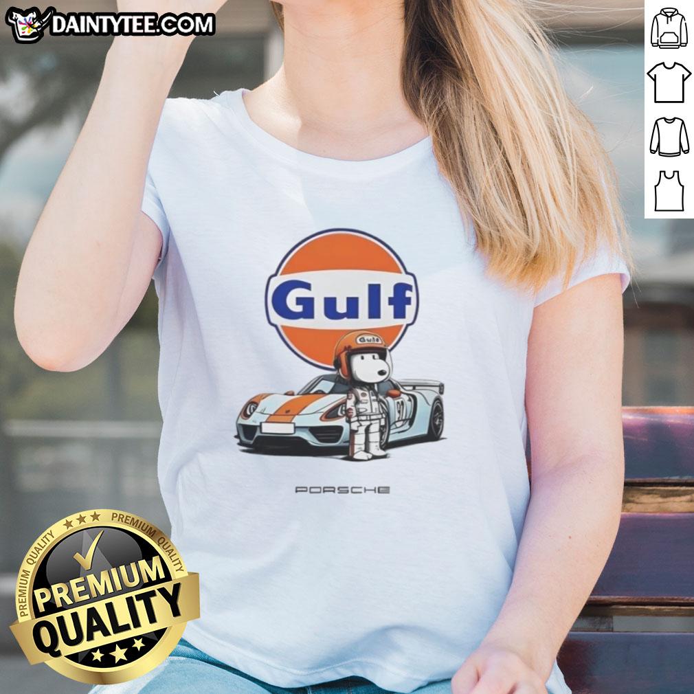 Cute Snoopy Gulf Porsche ladies tee featuring colorful graphics of Snoopy and Porsche logo on a stylish t-shirt.