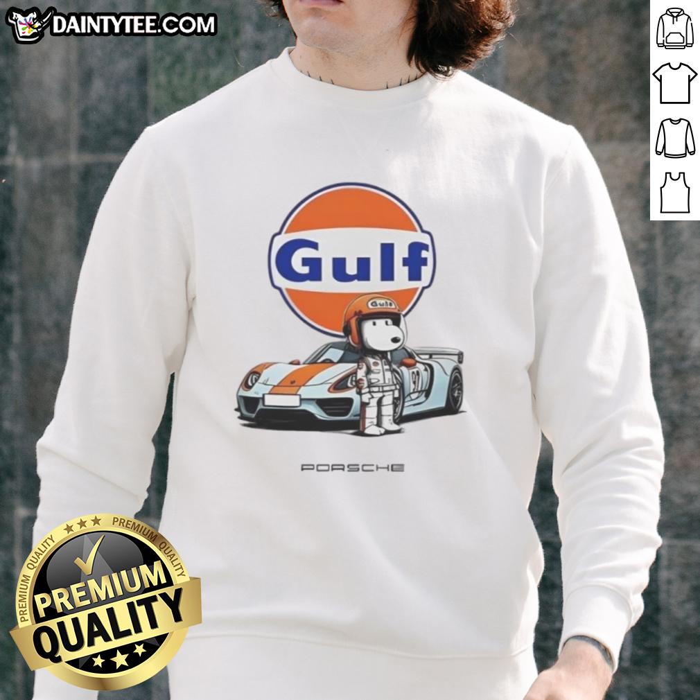 Adorable Cute Snoopy Gulf Porsche sweatshirt featuring vibrant colors and a playful design, perfect for casual wear.