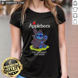Adorable Cute Stitch cosplay featuring Toothless on a Stay Different Stay Weird ladies tee from Applebee's.