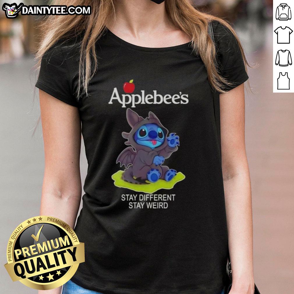 Adorable Cute Stitch cosplay featuring Toothless on a Stay Different Stay Weird ladies tee from Applebee's.