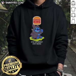 Alt Text: Cute Stitch cosplay in a Toothless X Burger King hoodie, showcasing 'Stay Different Stay Weird' design.