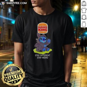 Alt Text: Cute Stitch cosplay featuring Toothless on a Burger King Stay Different Stay Weird T-shirt. Perfect for fans!