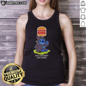 Cute Stitch cosplay wearing a Toothless-inspired Burger King tank top, promoting the Stay Different, Stay Weird message.