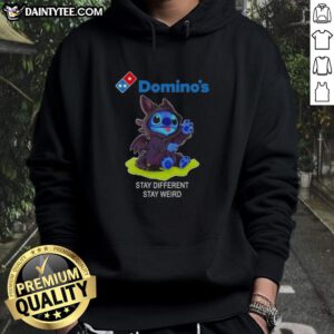 Alt Text: Cute Stitch cosplay wearing a Toothless hoodie, showcasing 'Stay Different, Stay Weird' design in vibrant colors.