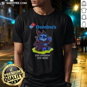 Alt Text: Cute Stitch cosplay wearing Toothless X Dominos Stay Different Stay Weird T-Shirt, showcasing playful fandom style.