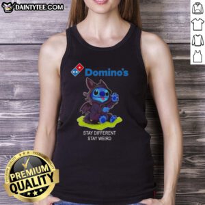 Alt Text: Cute Stitch cosplay tank top featuring Toothless and Domino's 'Stay Different Stay Weird' design.