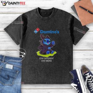 Cute Stitch cosplay wearing a Toothless X Domino's t-shirt, promoting 'Stay Different Stay Weird' slogan.