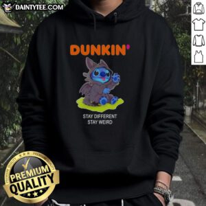 Alt Text: Cute Stitch cosplay wearing a 'Toothless X Dunkin' hoodie, featuring 'Stay Different, Stay Weird' slogan.