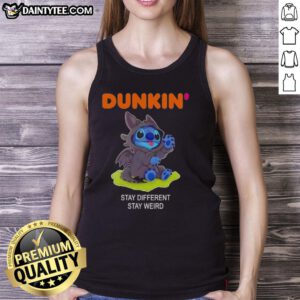 Alt Text: Cute Stitch cosplay wearing a Toothless tank top from Dunkin' with 'Stay Different Stay Weird' slogan.