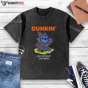 Alt Text: Cute Stitch cosplay wearing a Toothless X Dunkin Stay Different Stay Weird washed t-shirt, showcasing playful style.