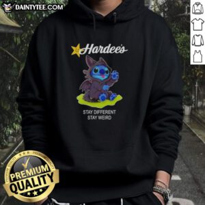 Alt Text: Cute Stitch cosplay wearing a Toothless x Hardee's Stay Different, Stay Weird hoodie, showcasing a fun and unique style.