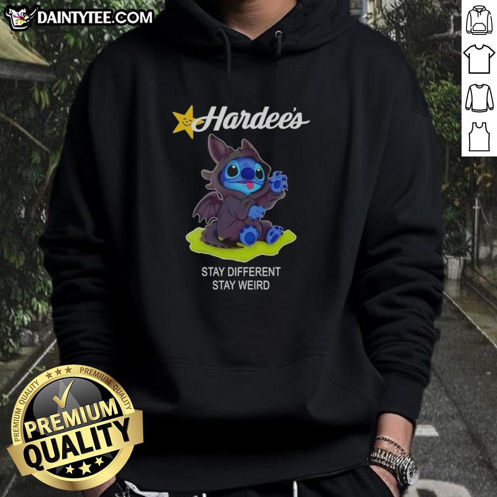 Alt Text: Cute Stitch cosplay wearing a Toothless x Hardee's Stay Different, Stay Weird hoodie, showcasing a fun and unique style.