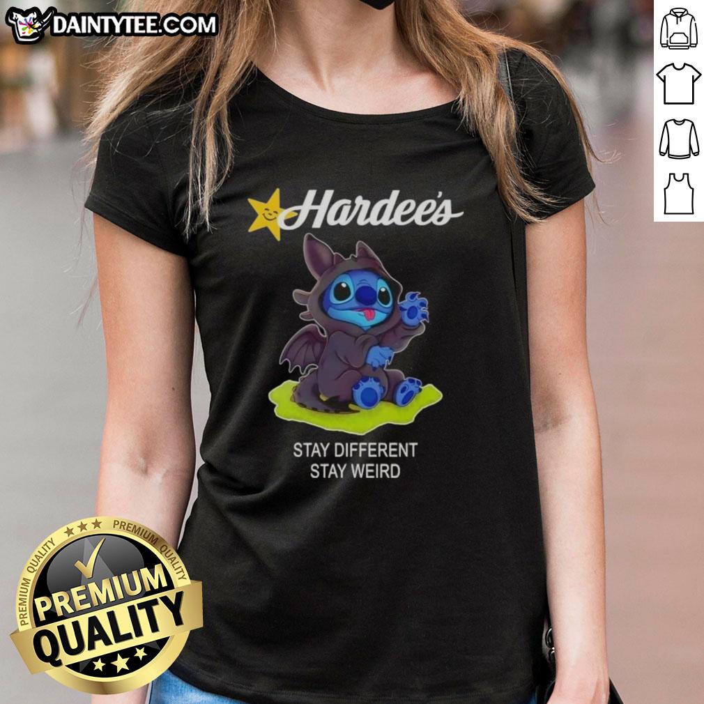 Adorable Cute Stitch cosplay on a Toothless X Hardee's tee, celebrating the 'Stay Different, Stay Weird' theme.