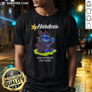 Alt Text: Cute Stitch cosplay in Toothless X Hardees Stay Different Stay Weird T-Shirt showcasing fun, quirky style.