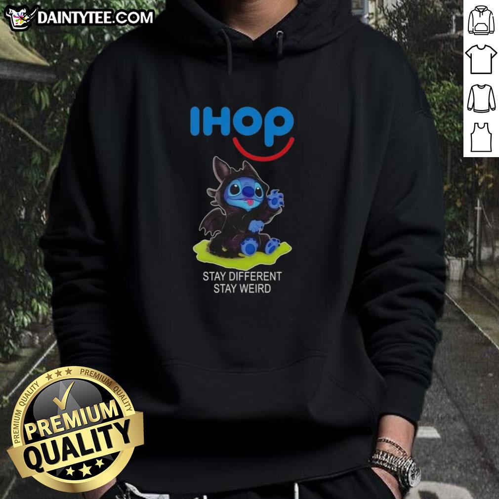 Cute Stitch cosplay wearing a Toothless hoodie with 'Stay Different Stay Weird' slogan for unique style.