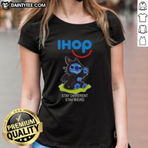 Adorable Stitch cosplay tee featuring Toothless design, promoting 'Stay Different, Stay Weird' for quirky fashion lovers.