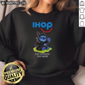 Alt Text: Cute Stitch cosplay with Toothless on a Stay Different Stay Weird sweatshirt, showcasing unique style and creativity.