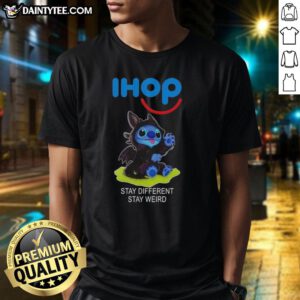 Cute Stitch cosplay featuring Toothless and 'Stay Different Stay Weird' T-shirt design for unique fashion fans.