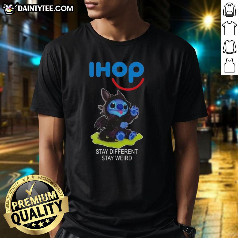 Cute Stitch cosplay featuring Toothless and 'Stay Different Stay Weird' T-shirt design for unique fashion fans.