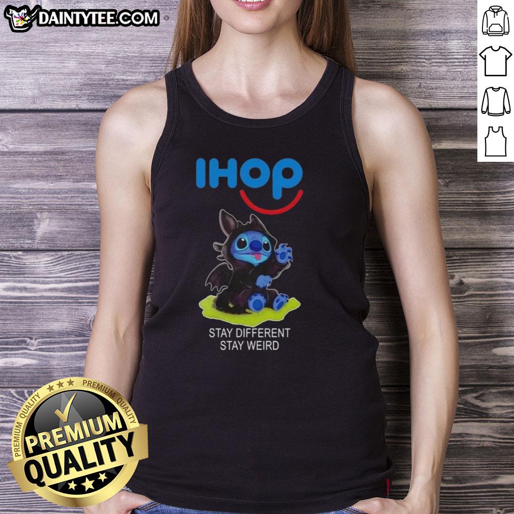 Adorable Stitch cosplay wearing a 'Stay Different Stay Weird' tank top featuring Toothless from How to Train Your Dragon.