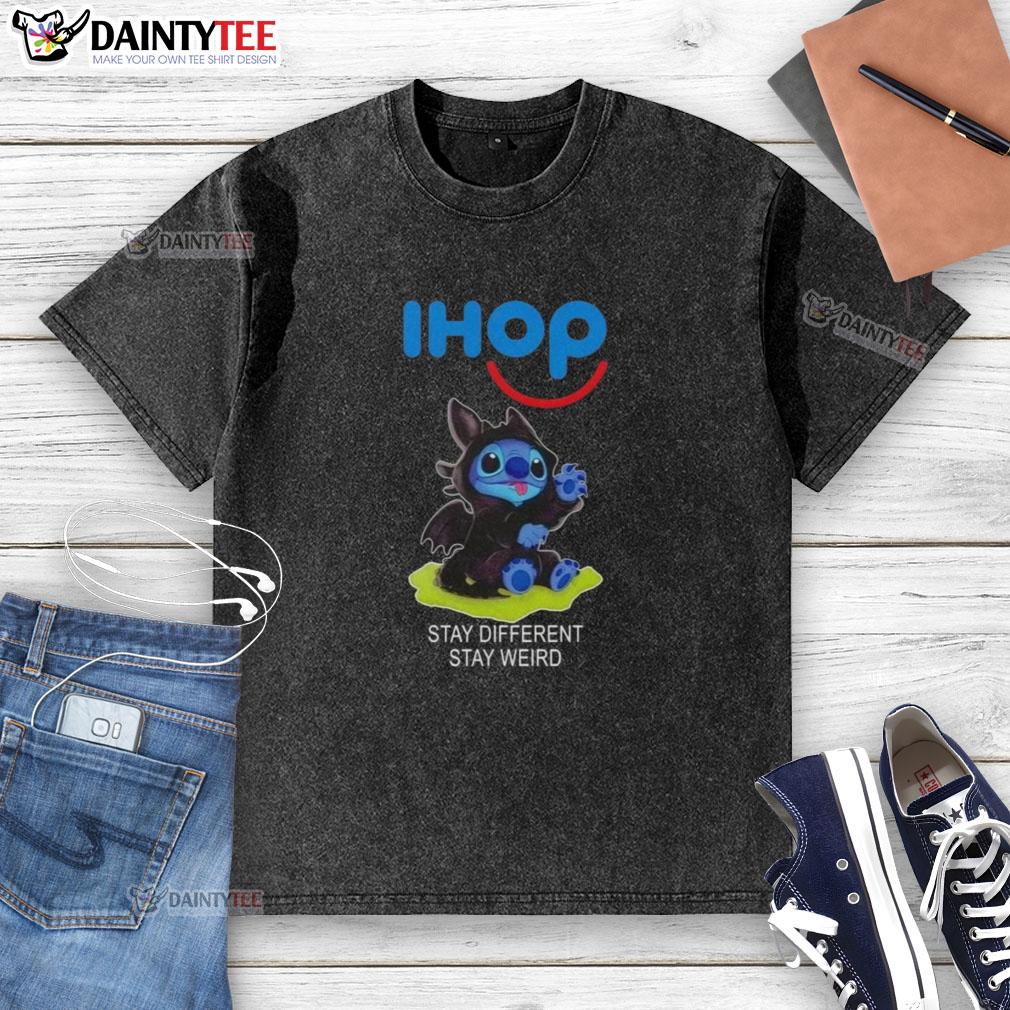 Adorable Stitch cosplay featuring Toothless design on a 'Stay Different, Stay Weird' washed t-shirt.