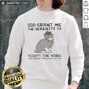 Alt Text: Funny cat sweatshirt with text God Grant Me The Serenity To Accept The Vibes That Aren't Rootin Tootin.