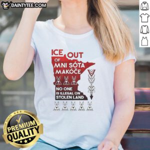 Funny Ice Out Mni Sota Makoce tee for ladies, featuring 'No One Is Illegal on Stolen Land' graphic design.