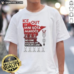 Funny Ice Out Mni Sota Makoce T-Shirt design featuring 'No One Is Illegal On Stolen Land' message, promoting awareness.