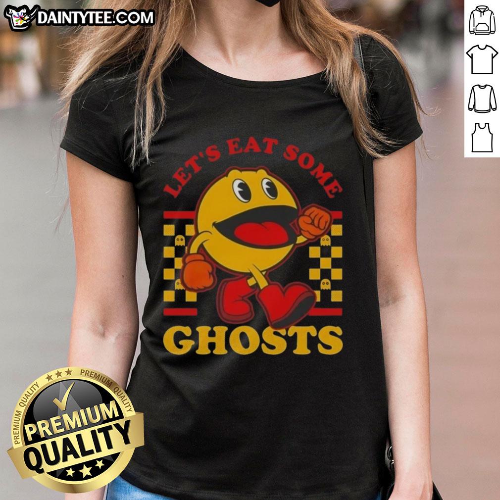 Funny Pacman graphic on a ladies tee, featuring Pacman and ghosts with the text 'Let's Eat Some Ghosts'.