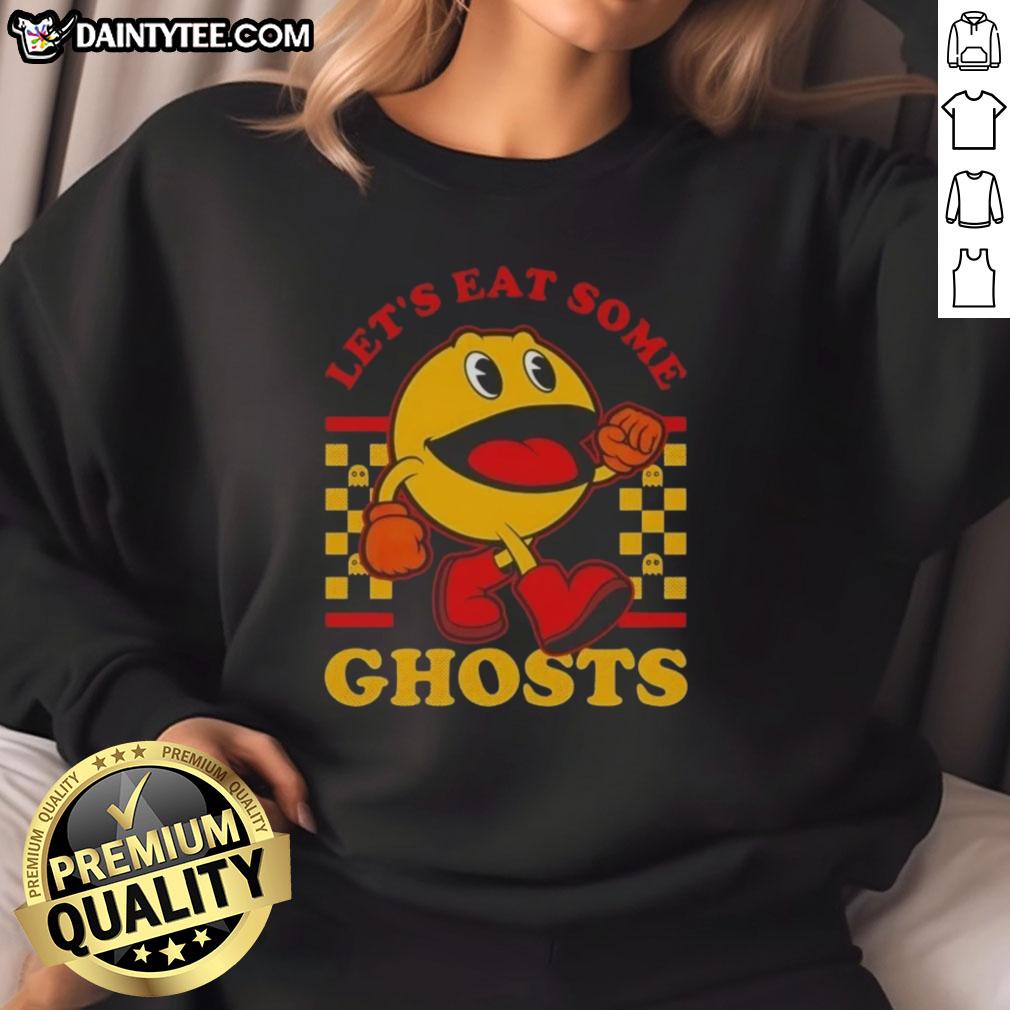 Funny Pacman sweatshirt featuring Pacman and ghosts, perfect for gamers who love retro arcade style.