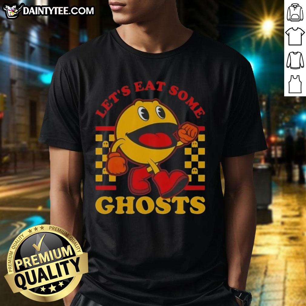 Funny Pacman Let's Eat Some Ghosts T-Shirt showcasing a playful Pacman graphic with colorful ghosts, perfect for gamers.