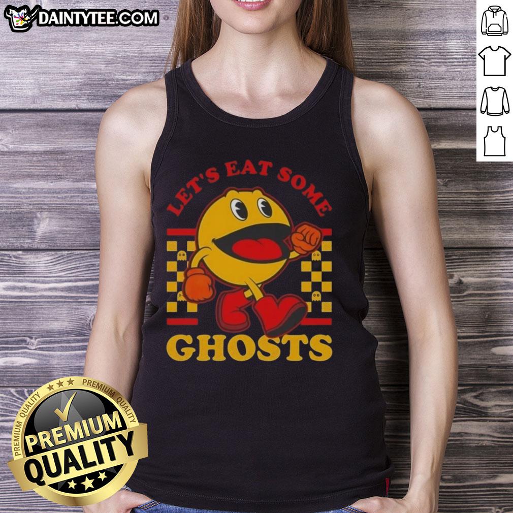 Funny Pacman tank top featuring Pacman and ghosts with the phrase 'Let's Eat Some Ghosts' for gaming enthusiasts.