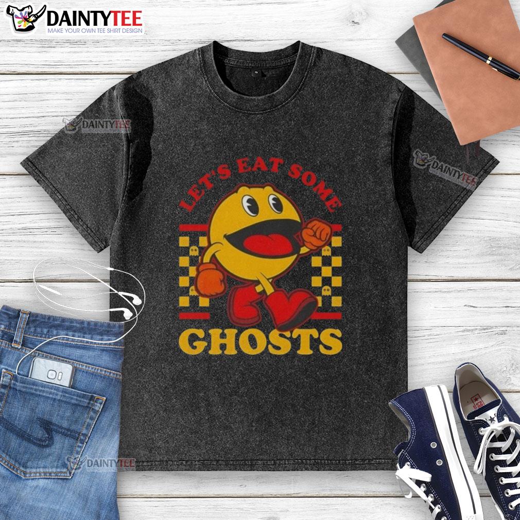 Alt Text: Funny Pacman Let's Eat Some Ghosts graphic on a washed t-shirt, perfect for retro gaming fans.
