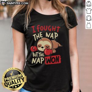Funny sloth boxing on a ladies tee, captioned 'I Fought The Nap But The Nap Won,' perfect for sloth lovers.