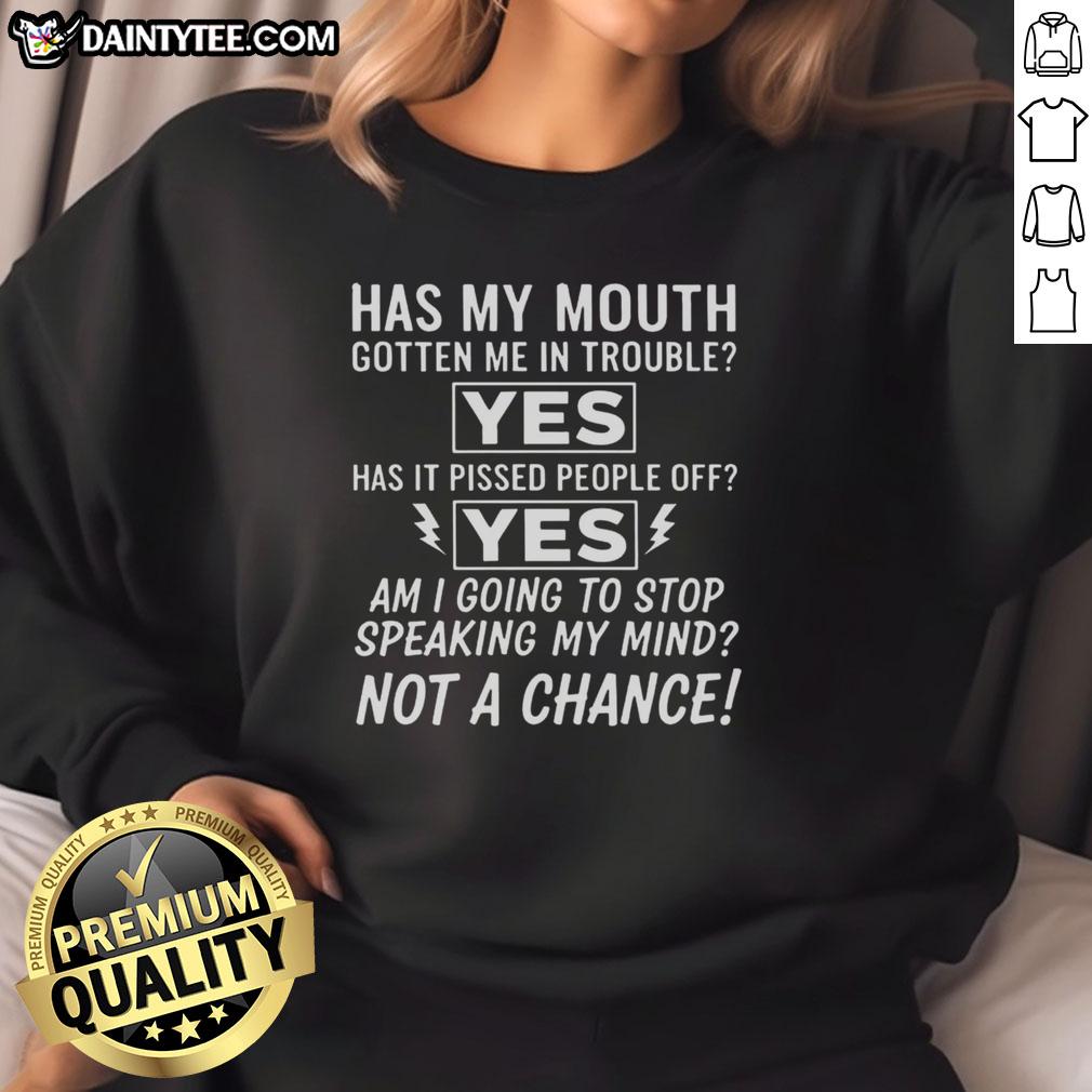Good Am I Going To Stop Speaking My Mind Not A Chance Sweatshirt featuring bold text design for expressive fashion lovers.