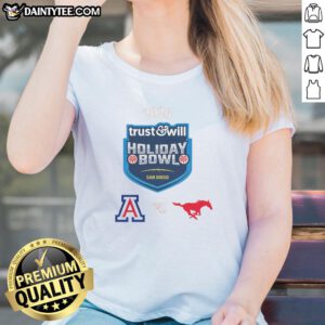 2026 Holiday Bowl ladies tee featuring Arizona Wildcats vs SMU Mustangs design for fans and supporters.