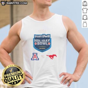 Arizona Wildcats vs SMU Mustangs 2026 Trust and Will Holiday Bowl tank top featuring team logos and festive design.