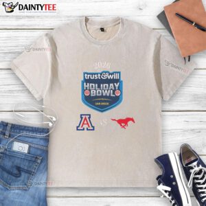 Good Arizona Wildcats vs SMU Mustangs 2026 Trust and Will Holiday Bowl washed t-shirt featuring team logos and vibrant colors.