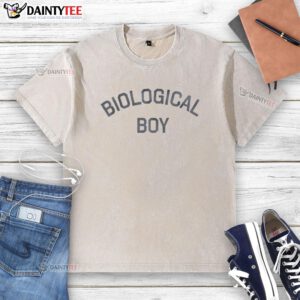 Good Biological Boy washed t-shirt displayed on a hanger, showcasing its soft fabric and eco-friendly design.